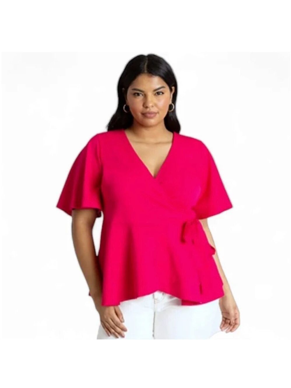 Eloquii Flutter Sleeve Peplum Wrap Top Women’s 16 Pink Barbie V-Neck